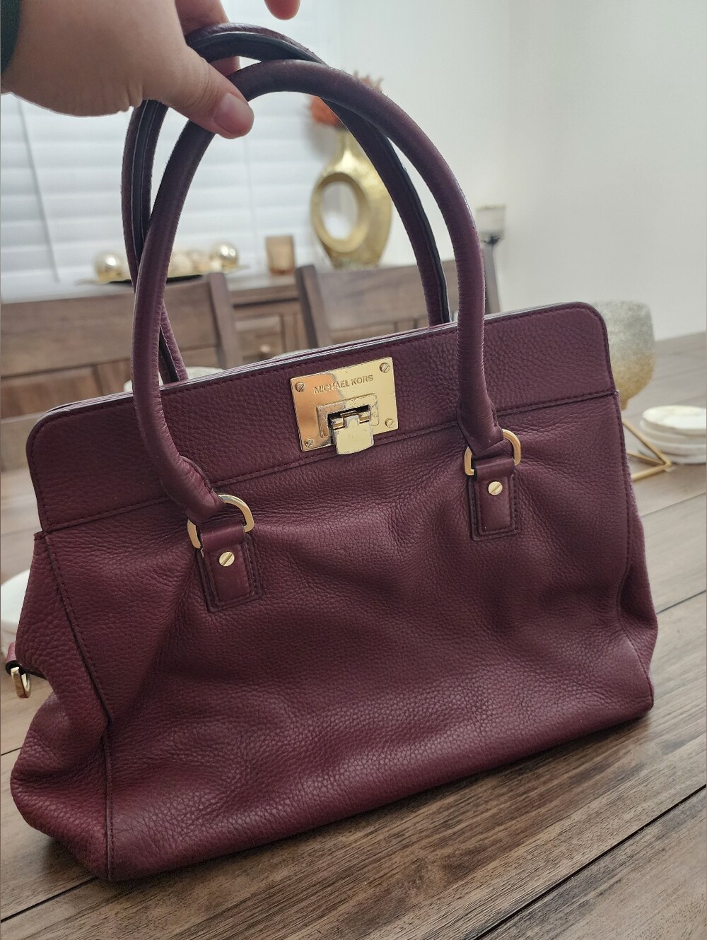 Michael Kors Burgundy Pebbled Leather Tote with Gold Hardware